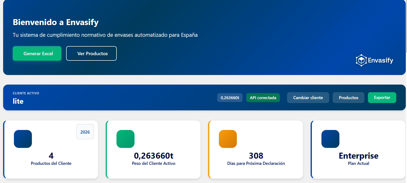 Panel de bienvenida de Envasify en WordPress