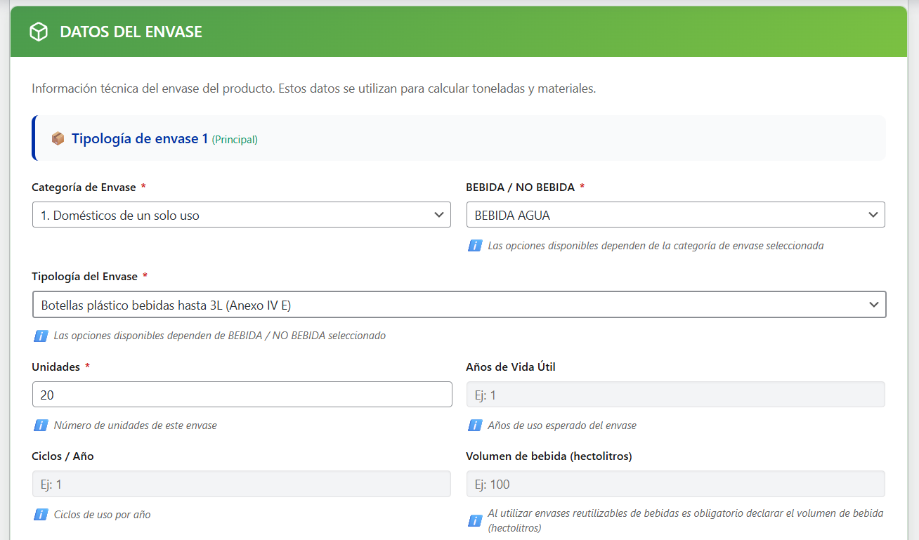 Formulario de datos del envase por producto en Envasify