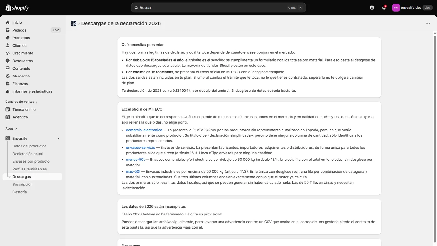 Pantalla de descargas de Envasify con el Excel eSIR y el selector de plantillas del MITECO