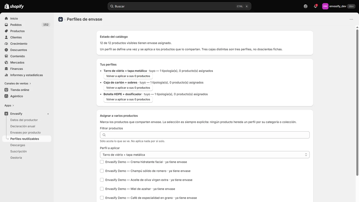 Perfiles de envase reutilizables en la app de Envasify para Shopify
